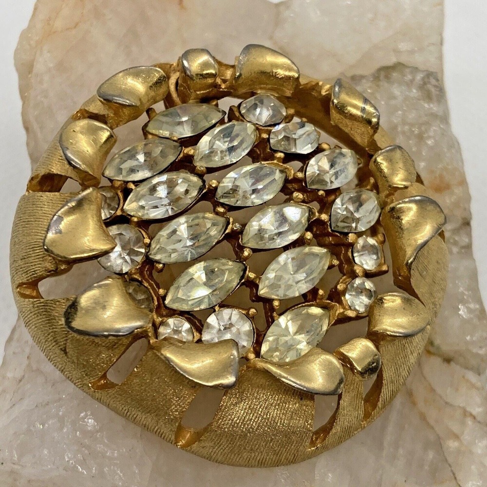 Vintage‎ BSK Gold Tone Pomegranate Clear Marquise Rhinestone Brooch Pin Fruit